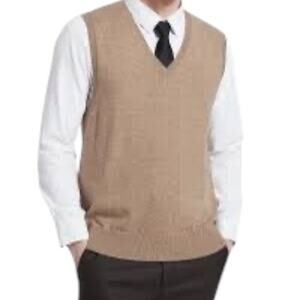 KALLSPIN Mens Wool Blend Sweater Vest Large Brown V-Neck Classic Preppy Workwear